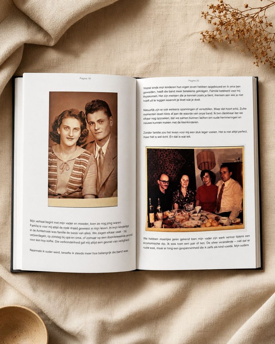 Opengeslagen levensboek met oude familiefoto's en persoonlijke verhalen