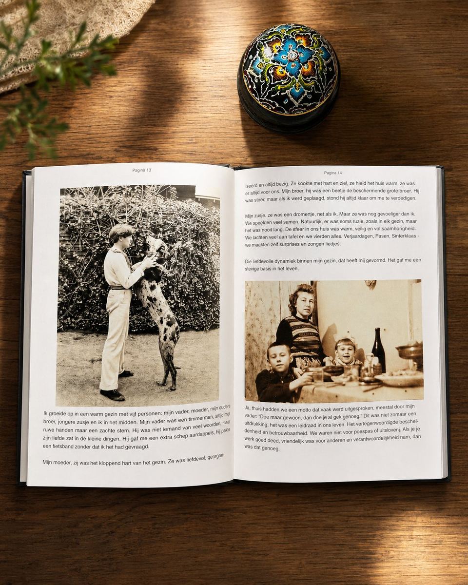 Opengeslagen levensboek met zwart-wit familiefoto's en verhalen